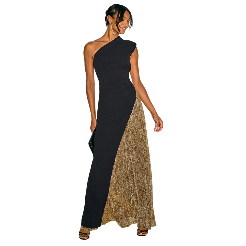 Black Halo Marigold Gown One Shoulder Womens 10 Black Gold Pleated Slit Evening